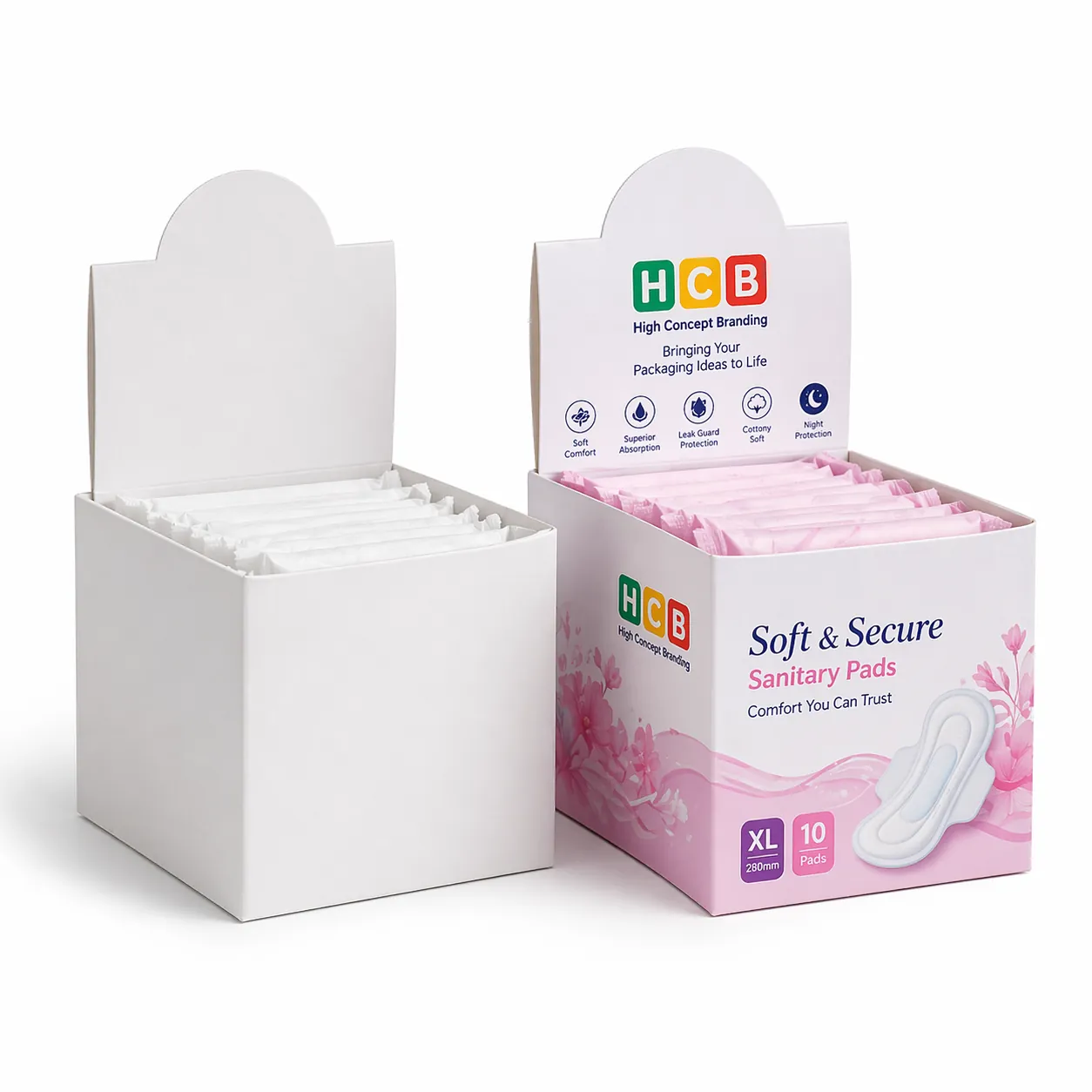 Two cardboard counter display boxes filled with wrapped pads, featuring an upright branded back panel. class=